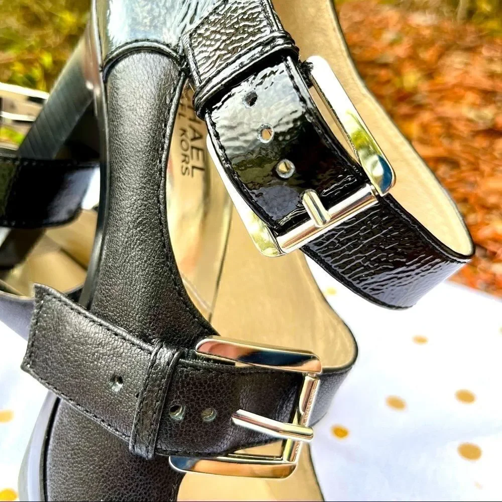 NEW MICHAEL KORS DESERT JETBLACK LEATHER BUCKLE STRAP HEELS 9-1/2M